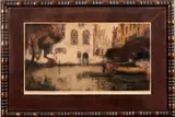 Ingekleurde ets, Van Neste, 196, ingekleurde gravure op papier, kanaalgezicht met huizen en figuren 65x37cm