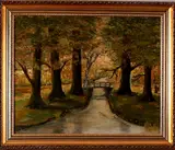 J. Nieuwenhuis, landschap met brug, Nieuwenhuis, olieverf op linnen, bosbeek met bruggetje 50x40cm