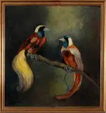 Gesigneerd Pieneman, paradijsvogels, Johanna Pieneman (Amsterdam 1889 - ), olieverf op paneel, twee tropische vogels op een tak 60x56cm