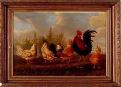 Ongesigneerd schilderij ca, pluimvee, 1880, olieverf op linnen, kippen met haan 57x49cm