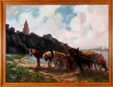 G. Stegeman, landschap met paarden, Gert Stegeman (Aalten 1858 - 1940 Arnhem), olieverf op linnen, riviergezicht met paardenspan 130x95cm