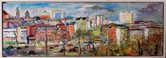 Schilderij Voigt, panorama Berlijn, Gesigneerd Voigt Berlijn 20e eeuw, olieverf op linnen, panorama Berlijn 44x124cm