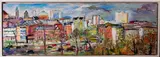 Schilderij Voigt, panorama Berlijn, Gesigneerd Voigt Berlijn 20e eeuw, olieverf op linnen, panorama Berlijn 44x124cm