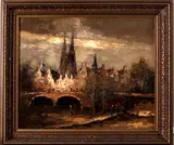 v & d Heuvel, impressionistisch landschap, Heuvel, olieverf op linnen, stadsgezicht met figuren 49x59cm
