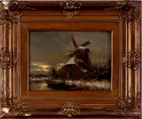 Constant Artz, winter, Constant Artz (Parijs 1870 - 1951 Soest), olieverf op paneel, wintergezicht bij avond met molen 24x18cm