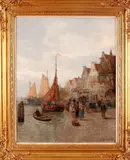 Karl Wagner, Hollandse haven, Karl Wagner (Georg Fischhof 1859 - 1914), olieverf op linnen, Hollands havengezicht met vele figuren op de kade 55x71cm