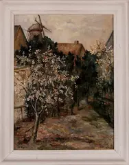 Jo Weijers, bloesemboom met molen, Johanna Beredina Weyers (Den Haag 1900 - Emmen), olieverf op linnen, achtertuin met bomen in de bloesem 60x80cm
