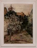 Jo Weijers, bloesemboom met molen, Johanna Beredina Weyers (Den Haag 1900 - Emmen), olieverf op linnen, achtertuin met bomen in de bloesem 60x80cm