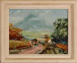 Indonesisch schilderij, ossenspan, Sutjakno Kompoel Indonesië 50-er jaren, olieverf op linnen, Indonesisch landschap met ossenspan,45x35 cm.Cond.: G