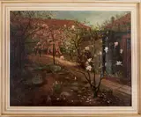 Schilderij Koelen ca, Koelen, Koelen Lonneker), olieverf op linnen, boerentuin met magnoliaboom 100x80cm