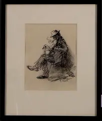 S. Kok, houtskool tekening, Kok, houtskool op papier, zittende sigaret rokende man met hoed 12x15cm