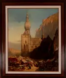 Groot schilderij, dorpsgezicht, Onduidelijk gesigneerd, olieverf op linnen, Oosters markttafereel met kerk en gebergte
