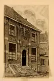 Gemengde techniek, oud huis, Onduidelijk gesigneerd, tekening op papier, 18e eeuws huis 15x23cm