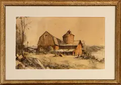 G. Wiegman, Old Red Barn, Gerard Wiegman (Delfshaven 1875 - 1964 Schiedam), gemengde techniek op papier, "Old Red Barn" 48x28cm
