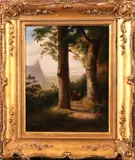 Schilderij 18e eeuw, mensen onder bomen, Onduidelijke monogram 19e eeuw, olieverf op linnen, romantisch landschap met figuren 27x34cm
