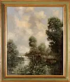 Peter Motz, rivierlandschap, Peter motz 20e eeuw, olieverf op linnen, plasgezicht met waterlelies en roeiboot 50x60cm