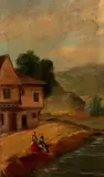 Ongesigneerd ca., vissers, 1900, olieverf op paneel, vissers bij een rivier 25x15cm