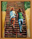 M. de Wit, dames op de trap, Verso M. de Wit 2006, olieverf op paneel, 2 vrouwen op een trap 50x60cm