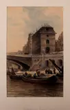 Aquarel Parijs, C.B. Huoijer, 1900, gemengde techniek op papier, gezicht op Parijs langs de Seine 32x20cm