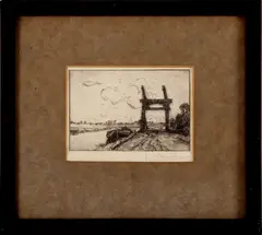 Gérard Altmann, ets, Gerard Altmann (1877 - Rotterdam - 1940), gravure op papier, Hollandse rivier met boot en ophaalbrug 9x7cm