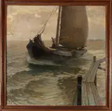 Antonie Pieter Schotel, zeilboot, Antonie Pieter Schotel (Dordrecht 1890 - 1958 Laren), olieverf op linnen, Volendamse zeilboot in volle vaart