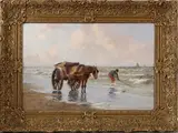 G.J. Delfgauw, schelpenvisser, Gerardus Johannes Delfgaauw (Monster 1882 -1947 Den Haag), olieverf op linnen, schelpenvissers aan het strand 40x60cm