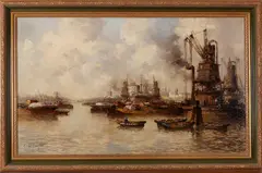 haven by Marinus Johannes Drulman, M. de Jongere (Marinus Johannes Drulman, Rotterdam 1912 - ), olieverf op linnen, havengezicht Rotterdam 100x60cm, offered Jul 2011