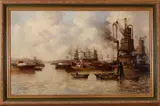 Marinus Johannes Drulman, haven, M. de Jongere (Marinus Johannes Drulman, Rotterdam 1912 - ), olieverf op linnen, havengezicht Rotterdam 100x60cm