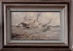 havengezicht by Marinus Johannes Drulman, M. de Jongere (1912 Amsterdam - Rotterdam), olieverf op linnen, havengezicht Rotterdam 50x30cm, offered Jul 2011