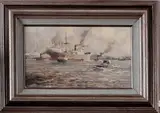 Marinus Johannes Drulman, havengezicht, M. de Jongere (1912 Amsterdam - Rotterdam), olieverf op linnen, havengezicht Rotterdam 50x30cm