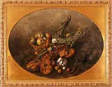 Hans van Wijk, bosstilleven, Hans van Wijk (Den Haag 1911 - ), olieverf op paneel, boomstronk met paddesteoelen, appels en slakken 65x84cm