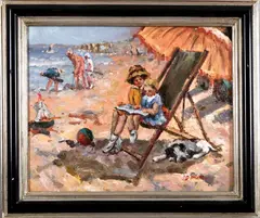 D. Pelotti, strandgezicht, Pelotti 21e eeuw, olieverf op paneel, strandgezicht met figuren 40x50cm