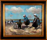 D. Pelotti, strandgezicht, Pelotti 21e eeuw, olieverf op paneel, strandgezicht met figuren 40x50cm