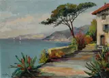 Henk Bos, landschap, Henk Bos 20e eeuw, olieverf op linnen, mediterraans landschap 50x70cm