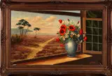 A. Broekman, bloemstuk, 1920, olieverf op linnen, bloemenvaas op vensterkozijn 100x60cm