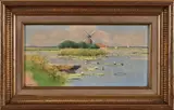 G. van Jeveren, aquarel, G. van Jeveren begin 20e eeuw, aquarel op papier, poldergezicht met molen 20x40cm