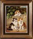 Bert Notenboom, poezen, Bert Notenboom, olieverf op linnen, kittens met vlinder en bal 24x30cm