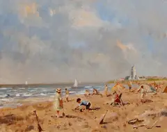J. van Leeuwen, strandgezicht, J.J.H. van Leeuwen, olieverf op linnen, strandplezier 25x20cm