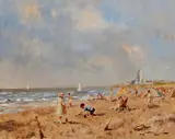J. van Leeuwen, strandgezicht, J.J.H. van Leeuwen, olieverf op linnen, strandplezier 25x20cm