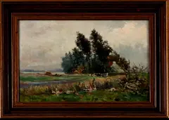 Anton Grotman, landschap, Anthony Grolman fecit, olieverf op linnen (scheur), landschap met vee 50x30cm