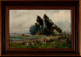 Anton Grotman, landschap, Anthony Grolman fecit, olieverf op linnen (scheur), landschap met vee 50x30cm