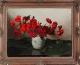 Derk Isslman, bloemstilleven, Derk Isselmann (1890 Almelo - 1959 Den Haag), olieverf op linnen, bloemsilleven met kleed 60x80cm