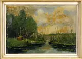 Ongesigneerd ca, eendenkooi, 1930, olieverf op linnen, eendenkooi aan het water 50x70cm