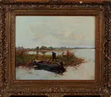 Range ca, poldergezicht, 1930, olieverf op linnen, poldergezicht met bootje en boer 40x50cm
