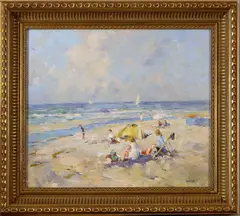 Huib Daniëls, strand, Huib Daniels, olieverf op linnen, strandgezicht met figuren 50x60cm