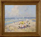 Huib Daniëls, strand, Huib Daniels, olieverf op linnen, strandgezicht met figuren 50x60cm