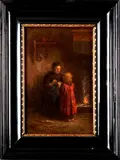 H. Busch, moeder met kind, 1900, olieverf op paneel, moeder met kind bij de haardplaats 40x20cm