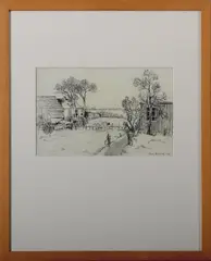 boerderij by Klaas Bernink, Klaas Bernink 1940 (Enschede), houtskool op papier, landschap met boerenhuis 28x18cm, offered Jul 2011