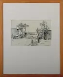 Klaas Bernink, boerderij, Klaas Bernink 1940 (Enschede), houtskool op papier, landschap met boerenhuis 28x18cm