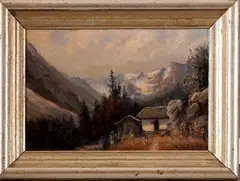 Joseph Rummelspacher, berglandschap, Rummelspacher, olieverf op paneel, Tiroler Hütten 25x17cm